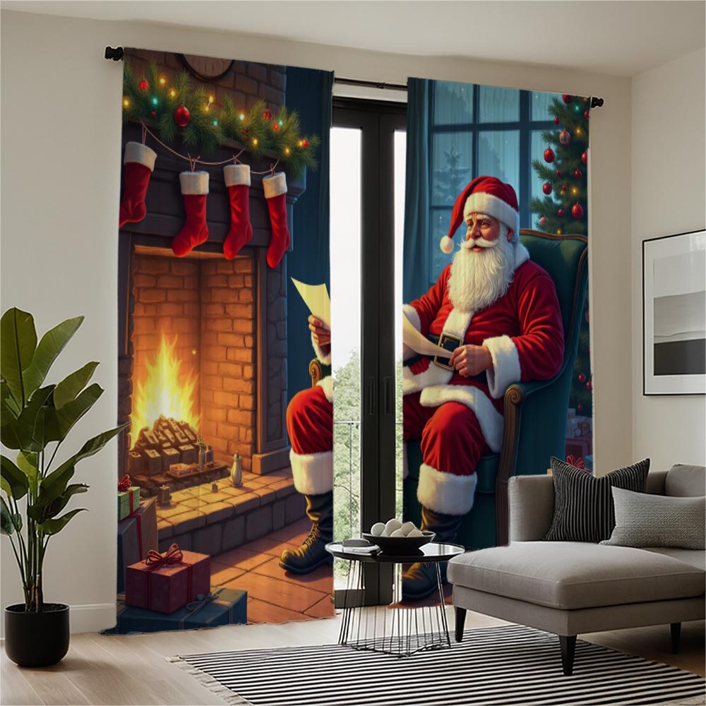 2-piece set of high-definition digital printed curtainChristmas Santa Claus red green fireplace giftHome decoration style
