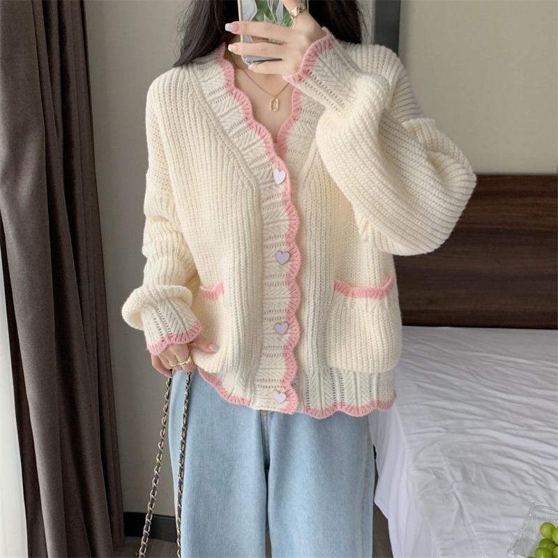 Autumn and Winter V Neck Cardigan Women Sweater Jacket Loose Sweet Fashion Knitted Long Sleeve Casual Woman Pockets Elegant Coats Simple Clothing