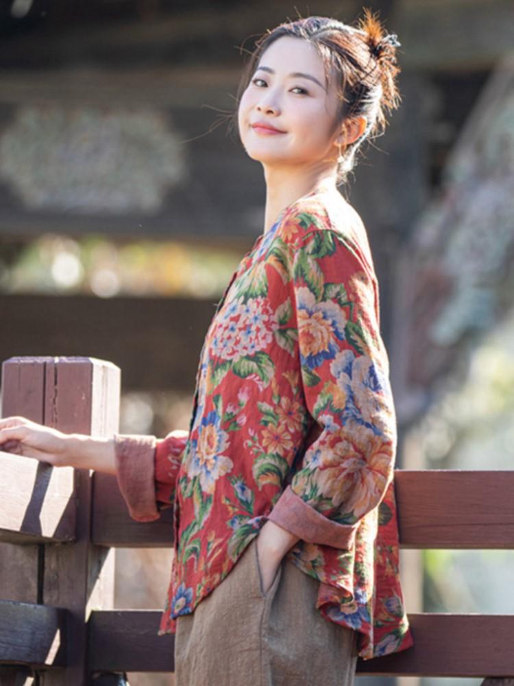 Johnature Damen Vintage Print Frühling Hemden Stehkragen Langarm Baumwolle Oberteile Chinesischer Stil Weiche Damen Knöpfe Hemden