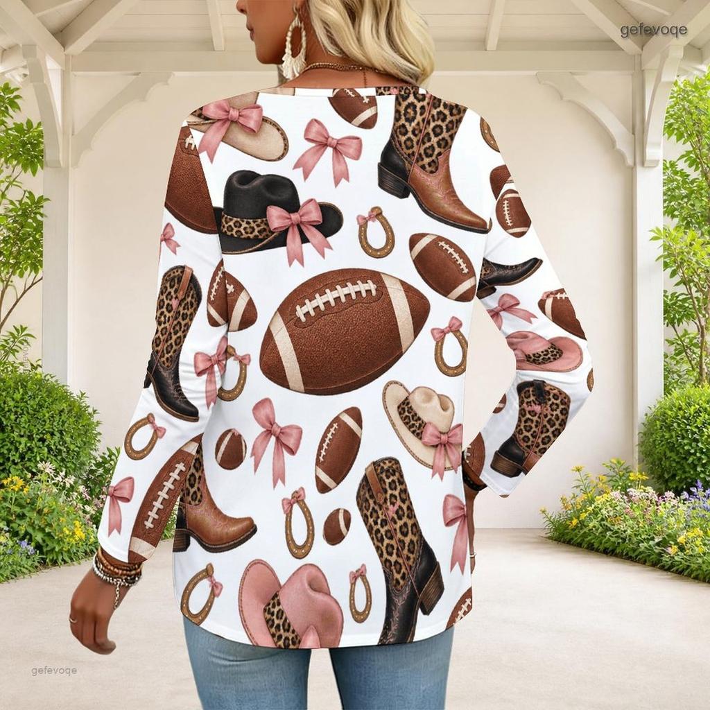 Women Plus Size Half Zip Round Neck Long Sleeve White Football Printed T Shirt
