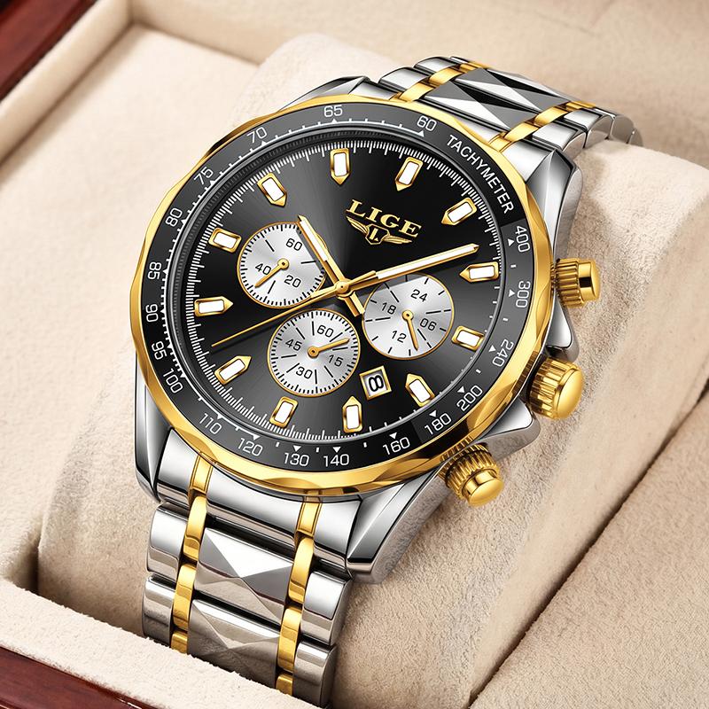 LIGE New Luxury Gold Men Watch Outdoor Sports Wateproof Chronograph Quartz Wristwatch Business Sport Male Clock Montre Homme+BOX