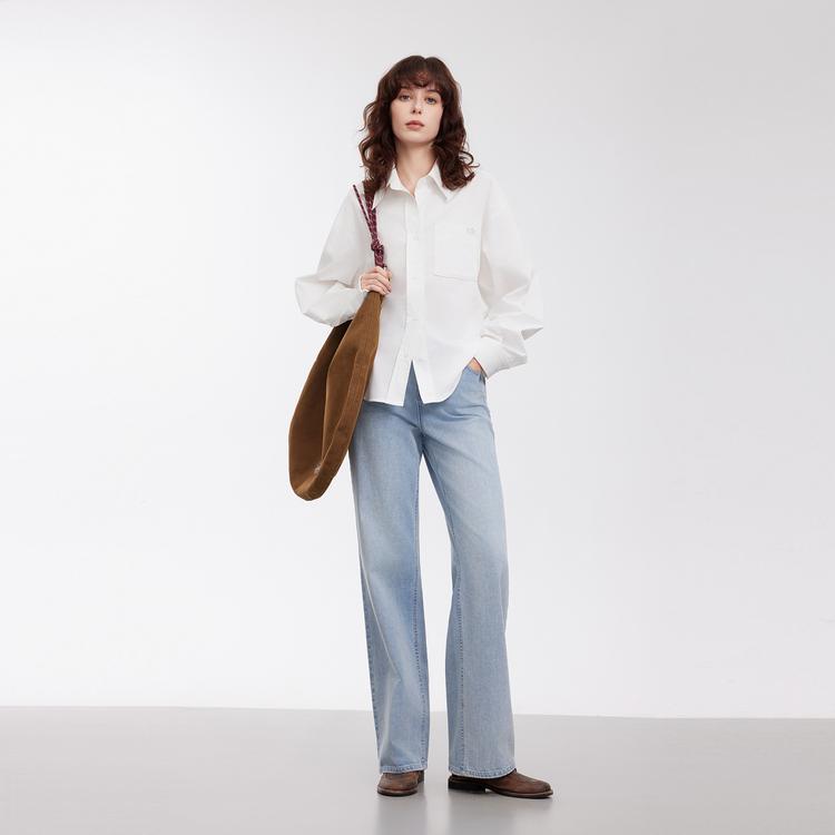 ELLE Fashionable Casual Solid Color Long Sleeve Shirt Women tops White EC50638