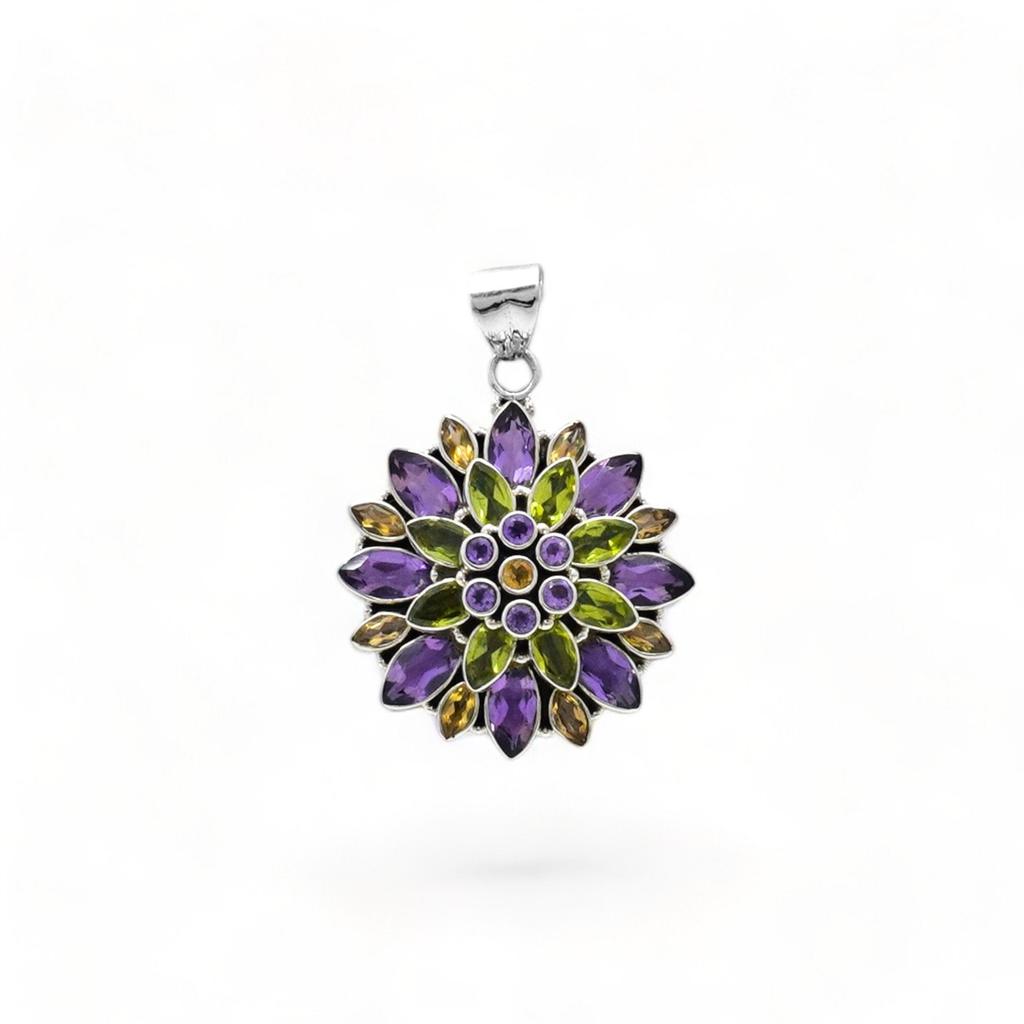 Sterling Silver Flower Pendant: Amethyst, Peridot & Citrine Gemstone