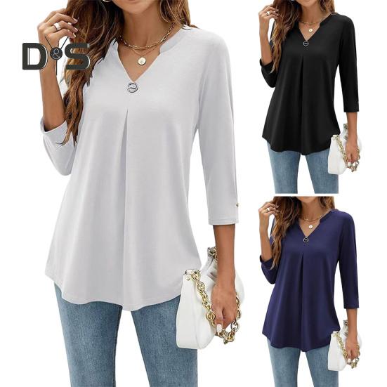 Dámské topy Výstřih do V Knoflíková ozdoba 3/4 rukáv Pulovr Topy Jednobarevné Zmačkané Tričko Ležérní styl Denní nošení