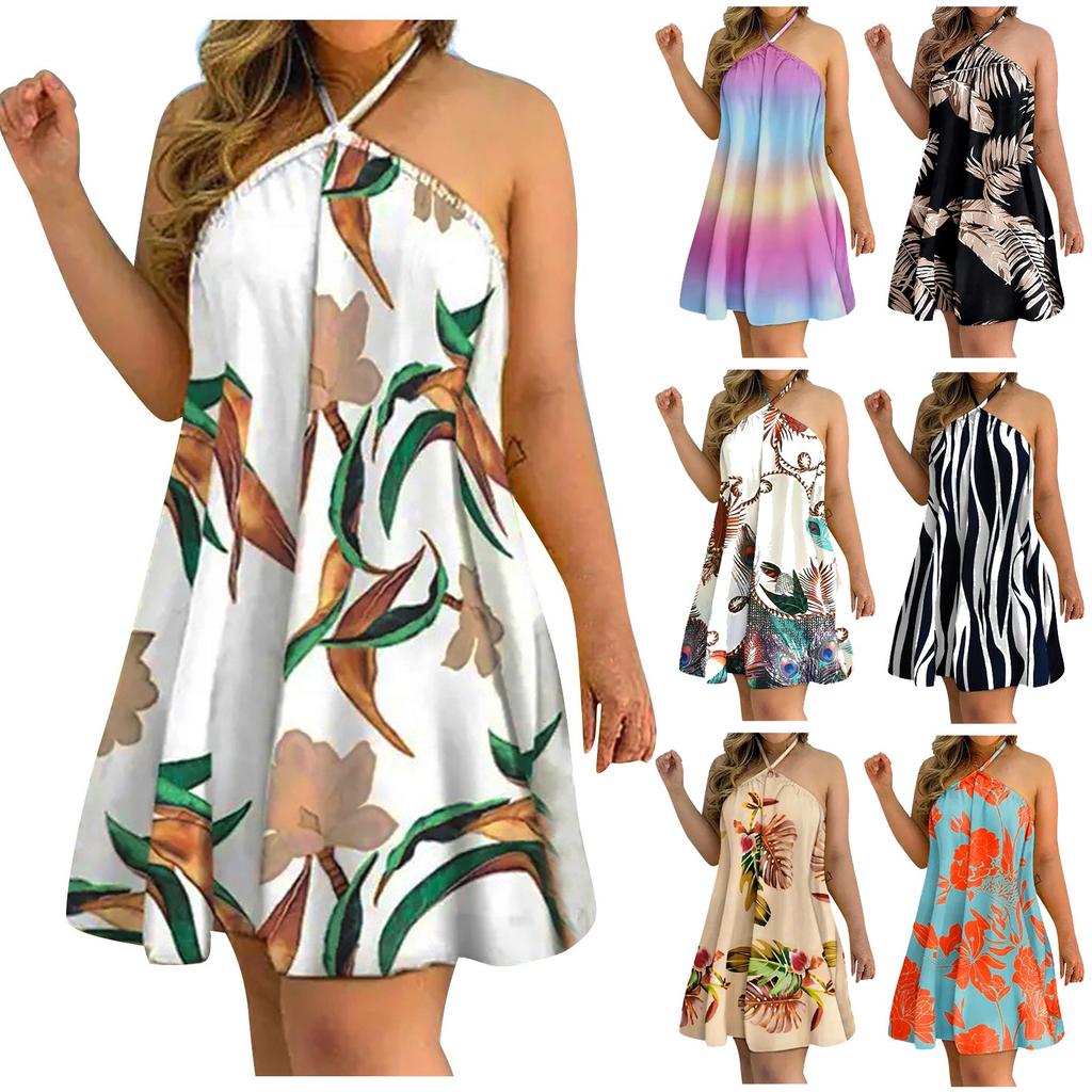 Women's Summer Fashion Casual Off Shoulder Printed Neck Tie Loose Dress