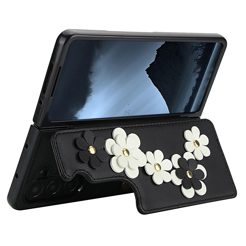 For Samsung Galaxy Z Fold5 5G Case Card Slots Leather Coated TPU Flower Phone Cover with 2 Straps