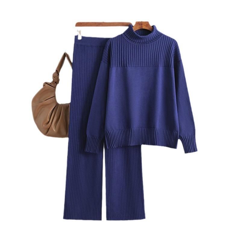 Women's knitted pullover solid color turtleneck loose casual autumn and winter sweater two-piece set