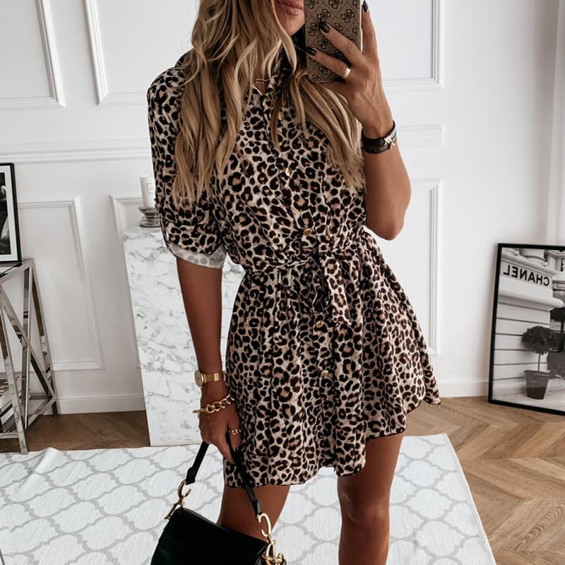 Women Leopard Shirt Dress Long Sleeve Turn-down Collar Sashes Mini Dress Single Button OL Lady Sexy Dress