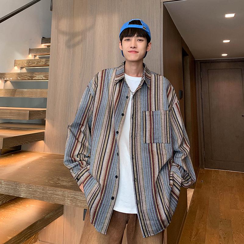 

Мужская рубашка с длинным рукавом в японском ретро-стиле в полоску – повседневная куртка в гонконгском стиле на весну/осень Medium