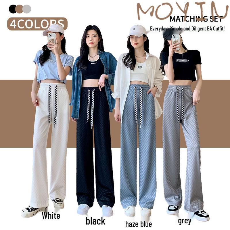 2025 Women's Checkered Wide-Leg Ice Silk Pants - Slim-Fit, High-Waisted, Draped, Summer & Spring