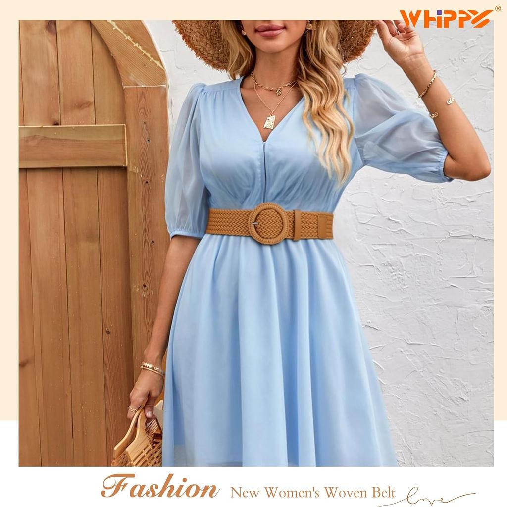 WHIPPY Breiter Geflochtener Gürtel für Damen Rattan Geflochtener Taillengürtel Mode Boho Stroh Raffia Gürtel für Kleider