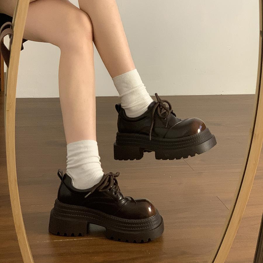 Platform Leather Shoes for Women Chunky Loafers 7cm Heel Japanese Korean Style Round Toe PU Oxford Black Brown