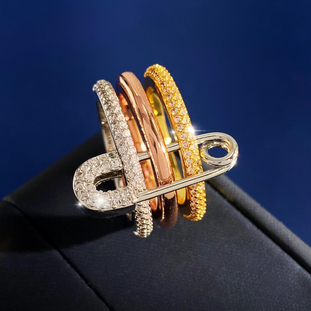 Connection Three Layers Pin Rings for Women CZ Cubic Zirconia Stackable Rings Stainless Steel New Year Gift Party Jewelry