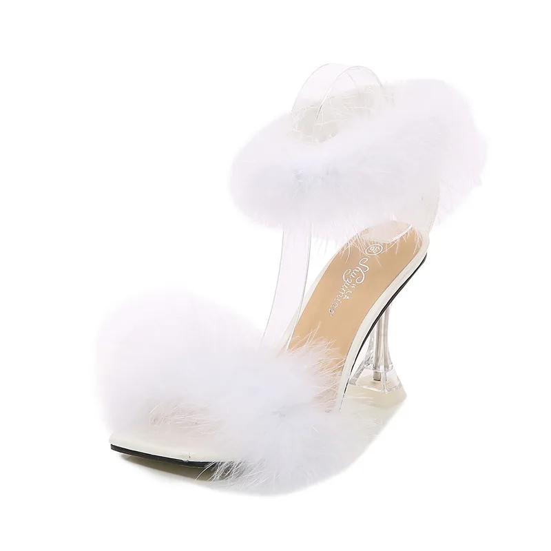 Fashion 9cm new wine glass heel stiletto heels square toe with fur fashion stiletto sandals women