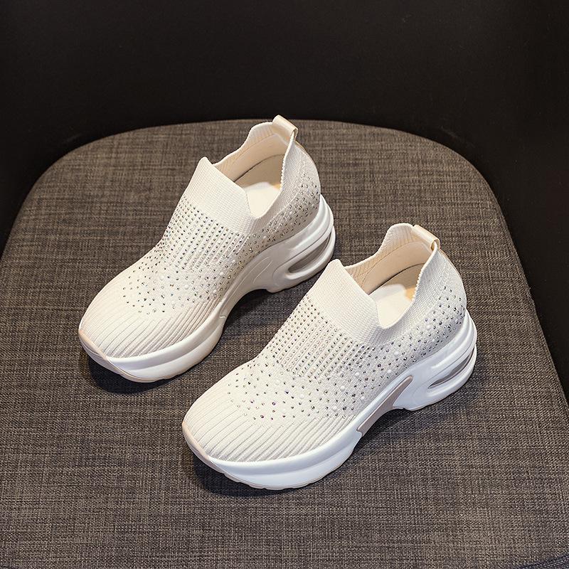 

Spring 2026 Women s Rhinestone Flyknit Height-Increasing Air Cushion Shoes - Breathable Mesh, Thick Sole, Trendy & Slimming. 38 бежевый