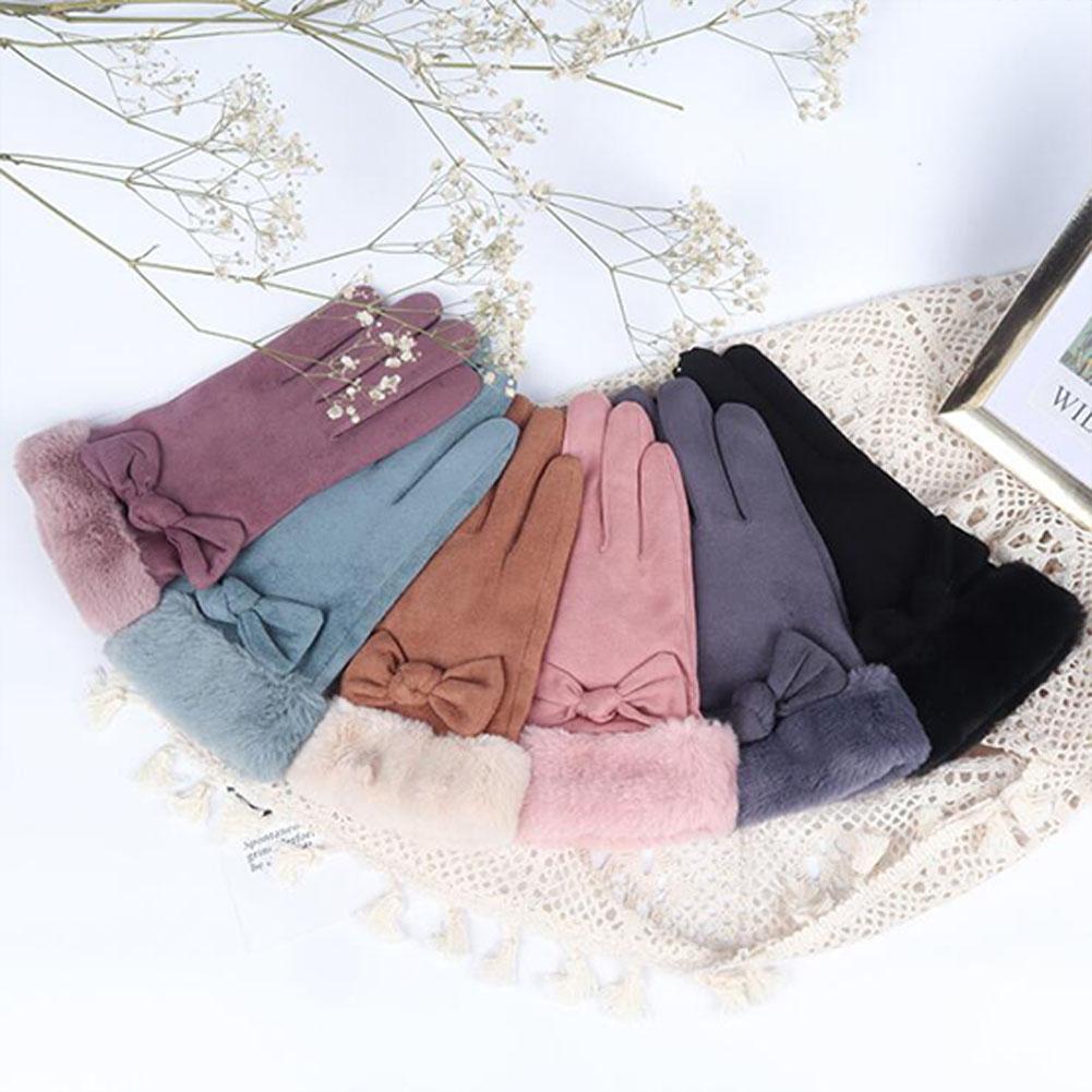 Woman Winter Gloves Windproof Gloves Hand Wear Lovely Bowknot Thick Warm Wind Proof Suede Fabric Telefingers Gloves