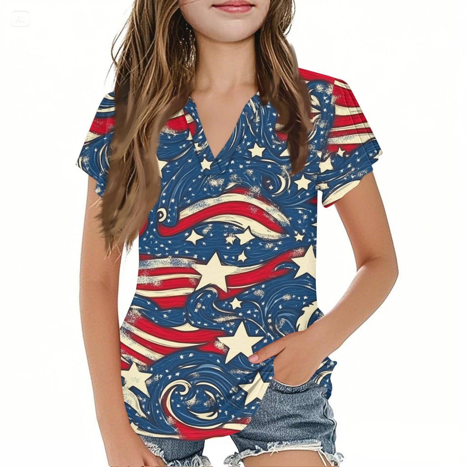 

Summer Children s Casual Fashion Short-Sleeved V-Neck Independence Day Girls Top 130 червоний
