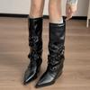 Brown Maillard pointed thick heel boots women's 2025 new autumn versatile skirt stacking knight boots