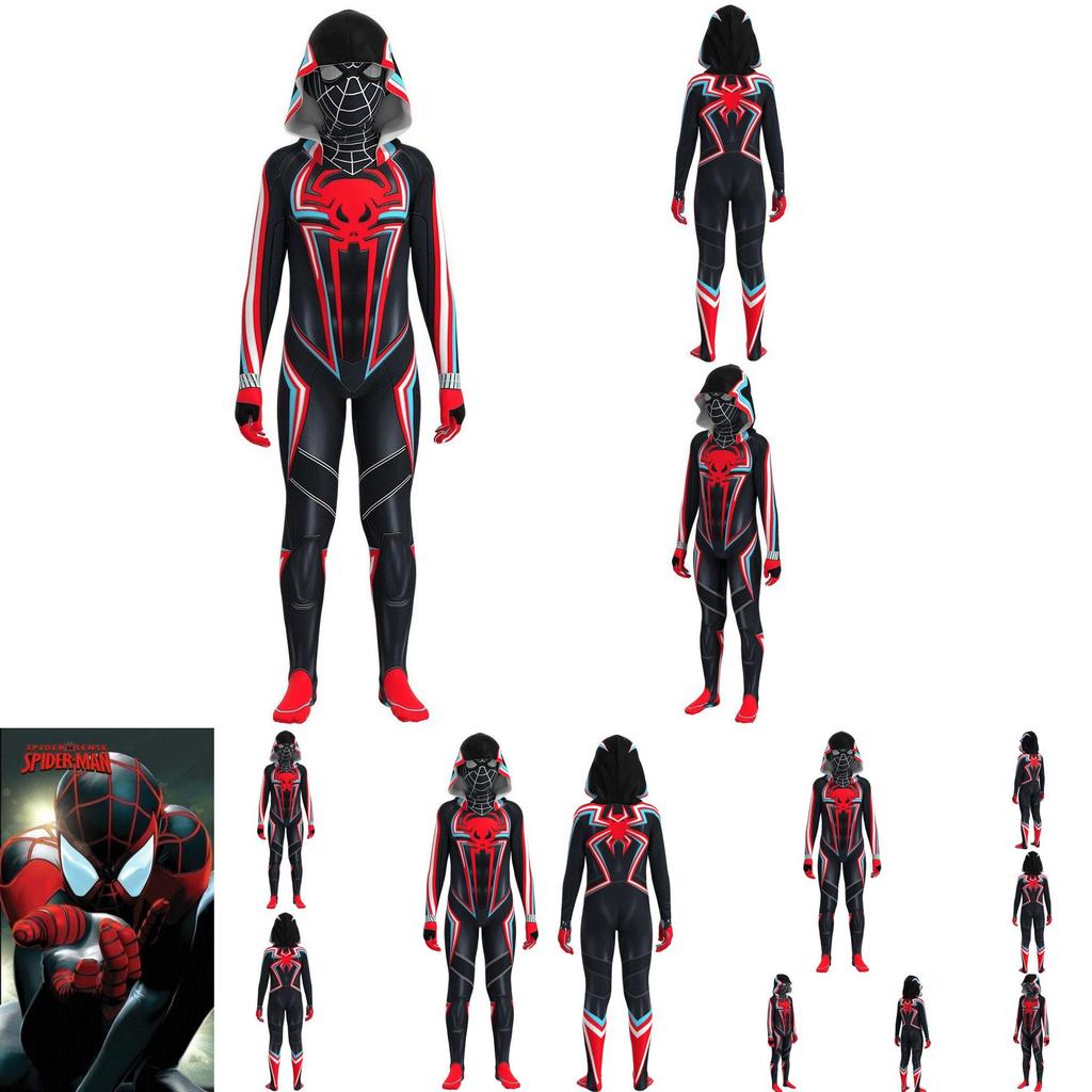 Schwarzes Spiderman-Cosplay-Kostüm, Kapuzenbody, Halloween-Karneval-Rollenspiel für Kinder und Erwachsene