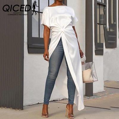 Round Neck Solid Color Short Sleeve Loose Asymmetrical Hem Dress