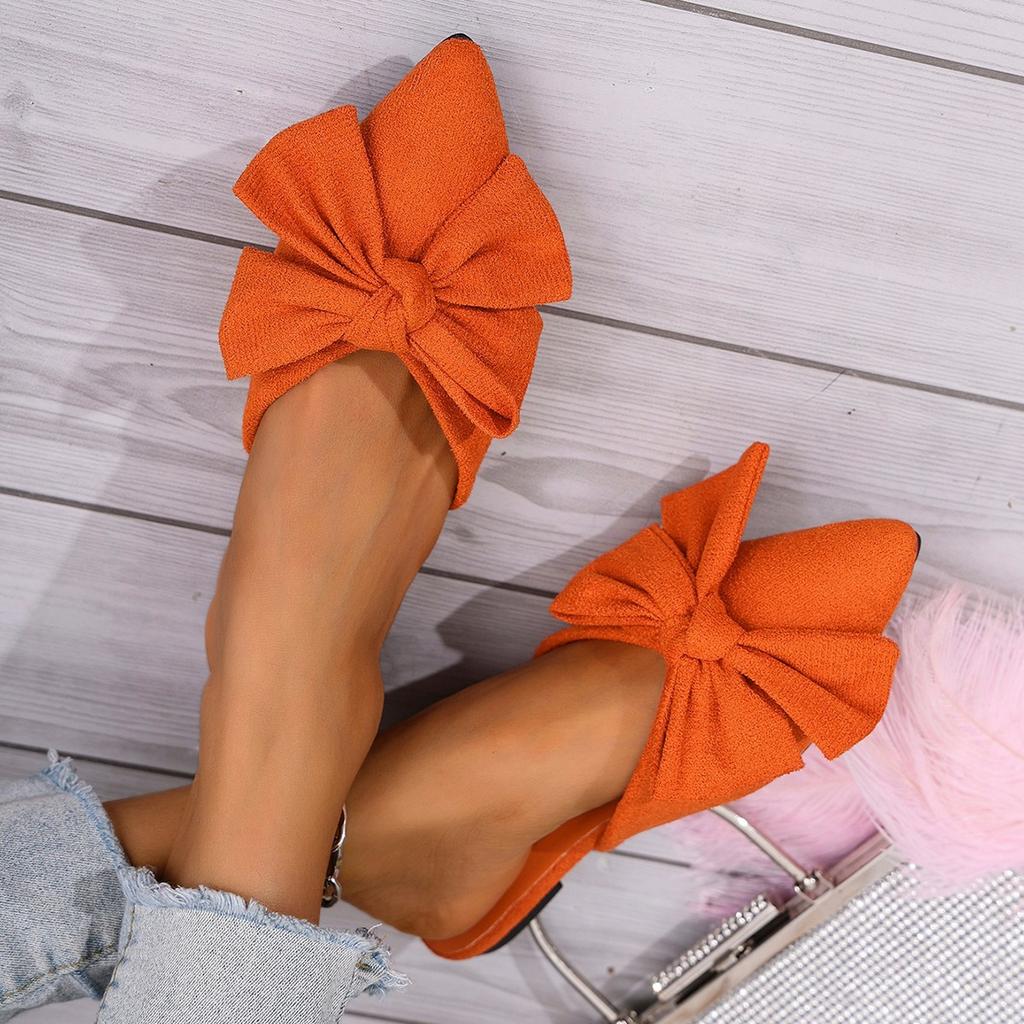 Plus Size Women's Spring and Summer New Pointed Low Heel Slippers Bow Suede Block Heel Women's Shoes