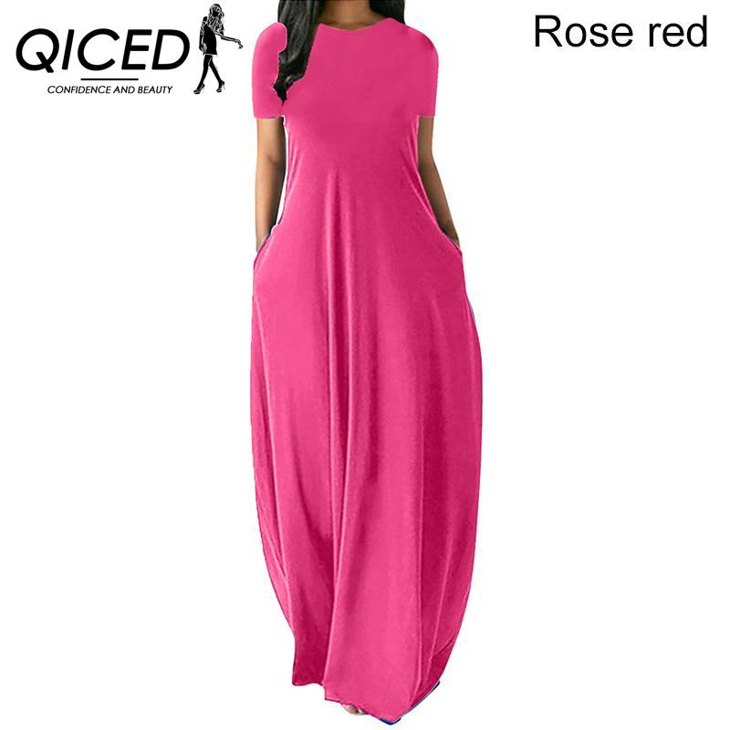 QICED Women Casual Loose Long Dress O-Neck Short Sleeve Summer Beach Dress Elegant Party Dress