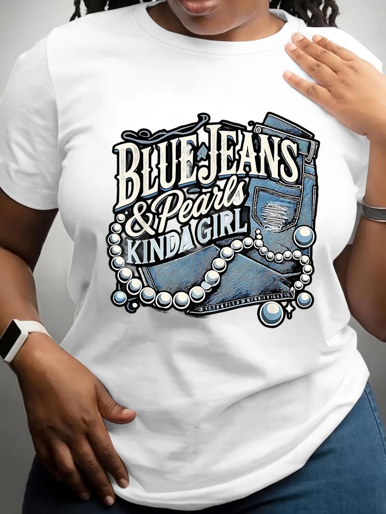 Plus Size Blue Jeans & Pearls Women'S T-Shirts Fashion T-Shirts Tops Shirts Round Neck for Daily Wear Y2k Clothes