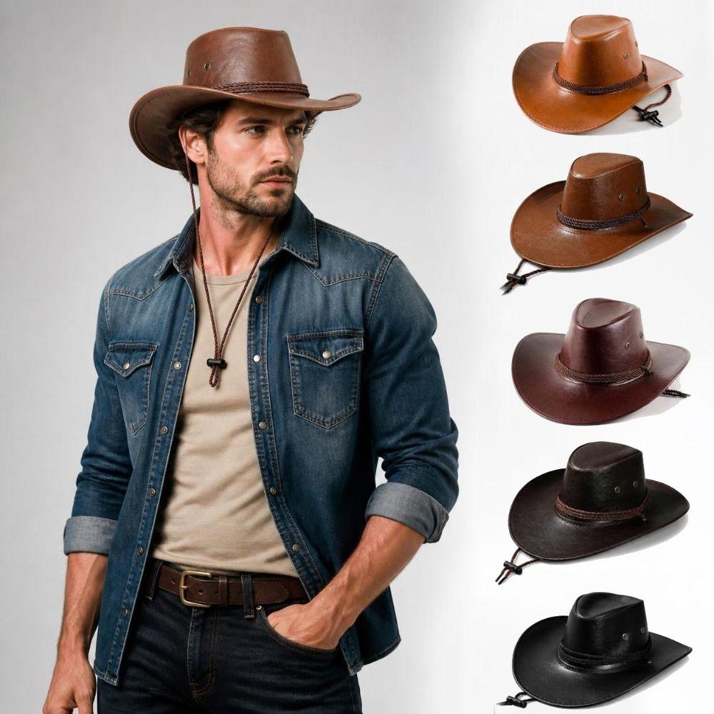 Faux Leather Fedora Sun Hat Wide Curved Brim Wide Brim Cap Vintage Cowgirl Hat  Outdoor Travel