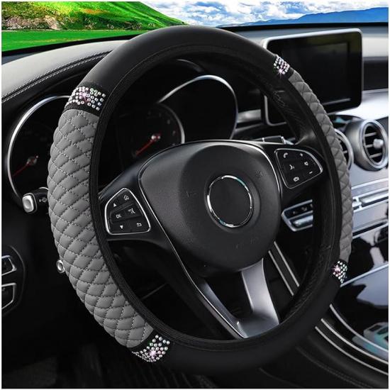 Bling Car Steering Wheel Cover, 15 Inch Rhinestones Soft Leather Elastic Steering Wheel Protector, Sparkly Crystal Diamond For Women Girls, Car