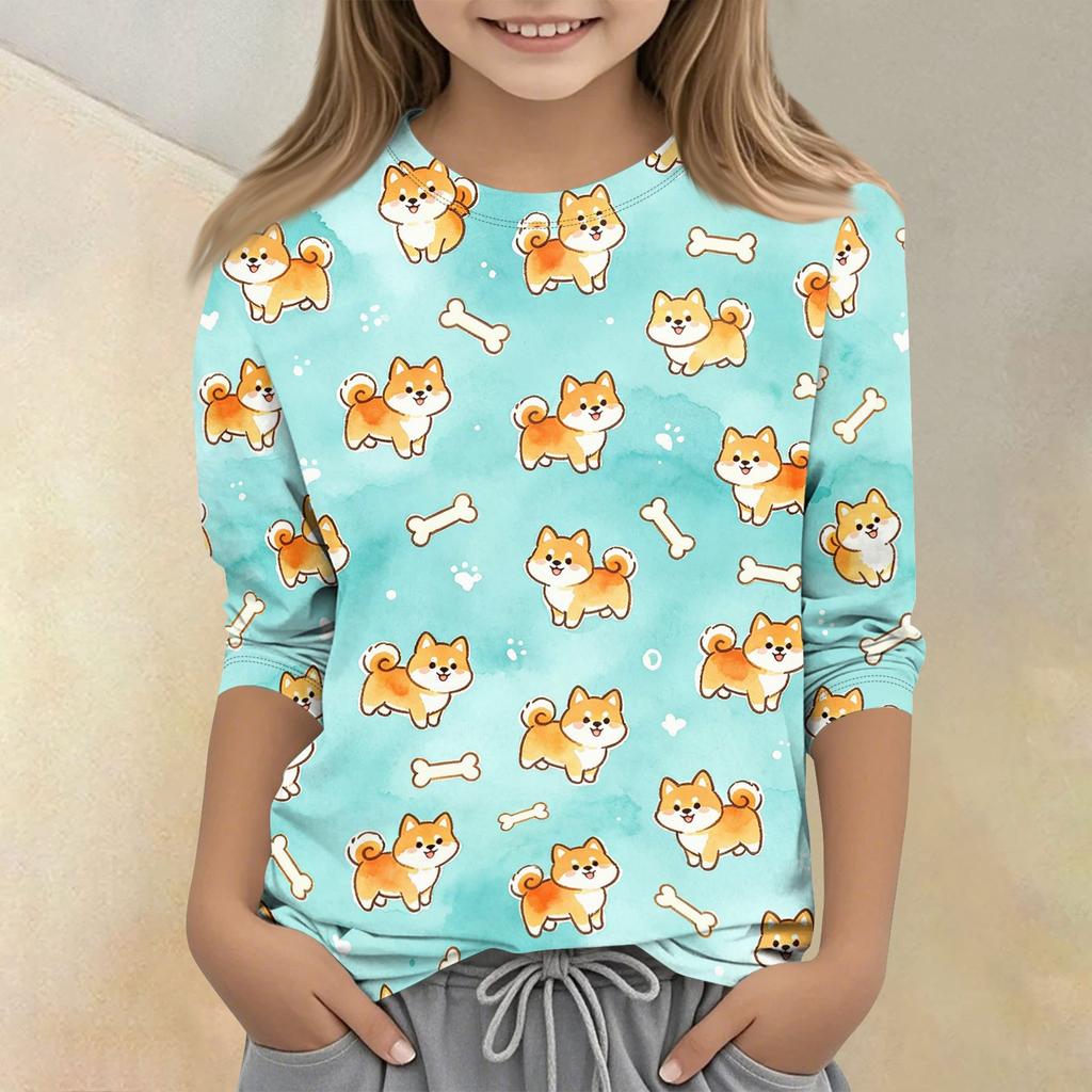 Kinder Tierdruck Rundhals Dreiviertelarm Lässiges T-Shirt Weicher Stoff Bequeme Passform Leichtes Design