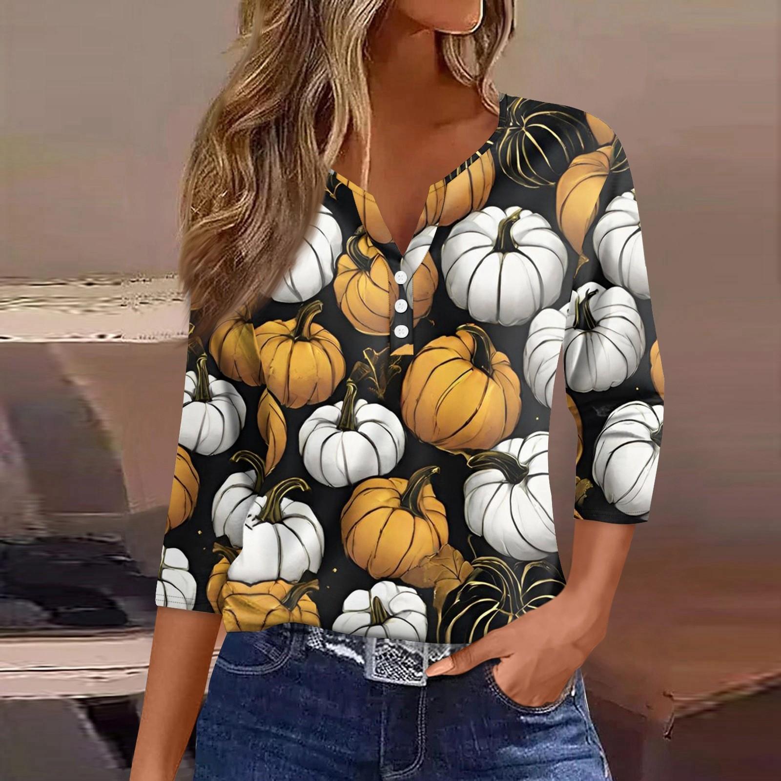 

Жен. Футболка Футболка Хэллоуин С принтом Пуговицы Рукав 3/4 Повседневные Выходные Мода Классический Классический V-образный вырез Обычный Топ XL белый