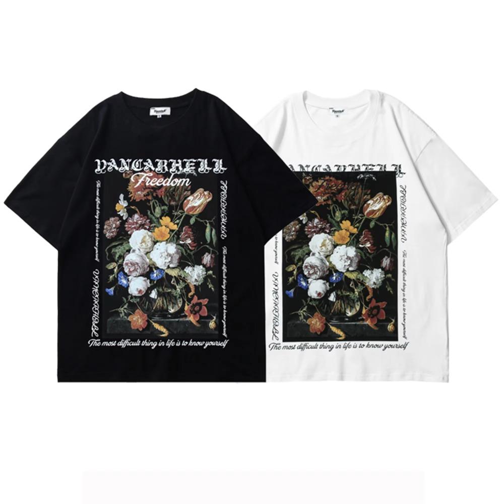 Summer Newest Retro Rose Funny Print Short Sleeve 100%Cotton T-shirt for Men Trendy Street Couple Casual Tops Oversized Tees