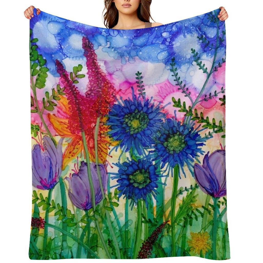 Wild Bouquet, Colourful & Vibrant Bunch of Flowers Throw Blanket Giant Sofa Cute Plaid Bed Covers Christmas Gifts Blankets