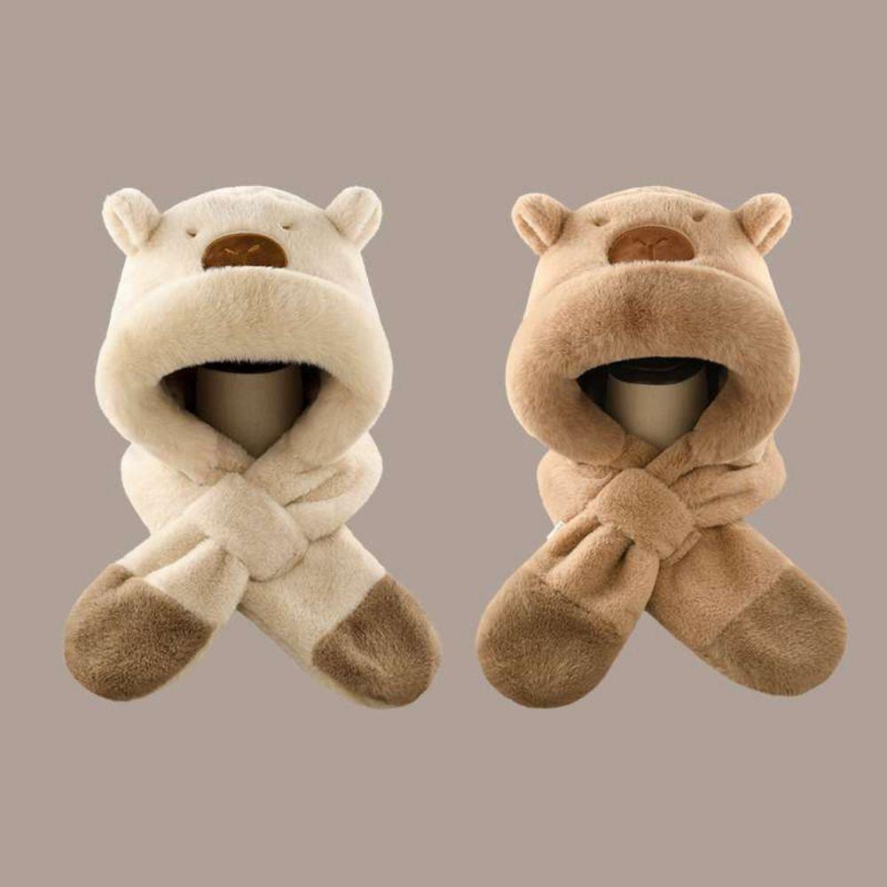 Soft Plush Capybara Hooded Scarf Set Cute Plush Hat Scarf Set Winter Integrated Cap Scarf  Outdoor