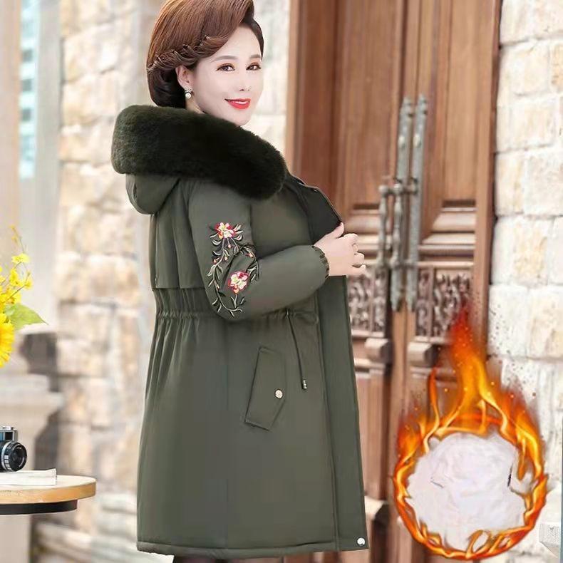 Women's Winter Fleece Padded Jacket Thick Warm Mid-Length Embroidered Hooded Padded Coat