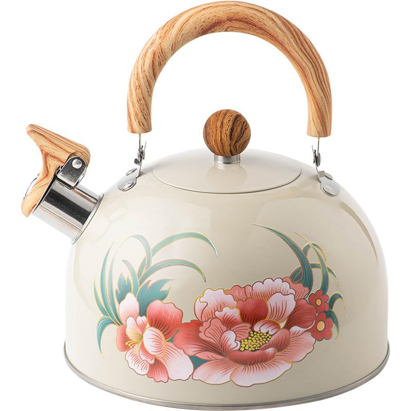 New light luxury peony flower pattern whistle pot boutique kitchen utensils white beige 3L outdoor kettle 3l off-white