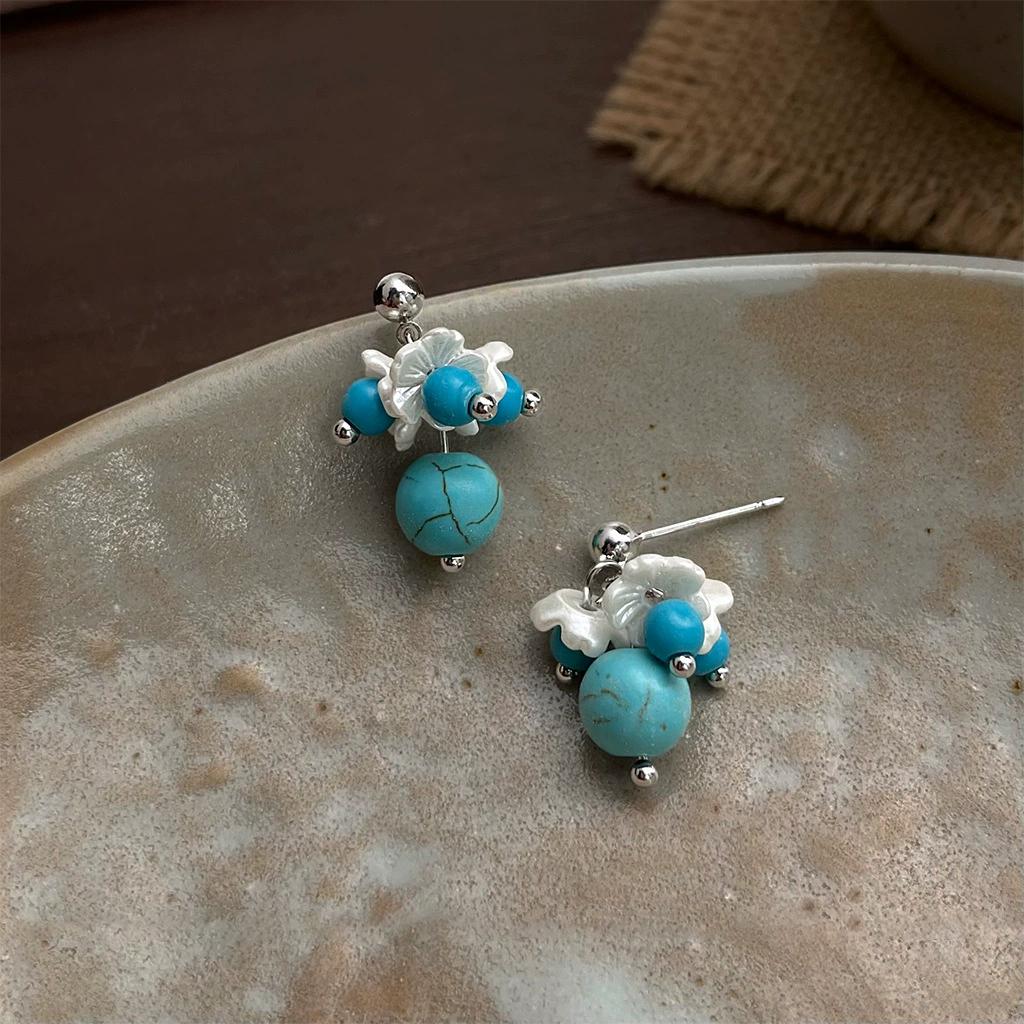 Ethnic Turquoise Round Beads Ear Stud Piercing Earrings For Women Bohemia Fashion New Jewelry Friend Gift Party Daily