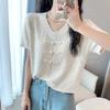 Summer V-neck Design Knitted Sweater with Sequins Short Sleeved T-shirt Top Women's Small Shirt