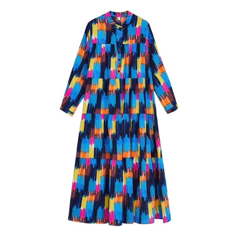 Spring and Summer New Loose Large Size Fashion Print Splicing Long Sleeve Cake Dress Dress