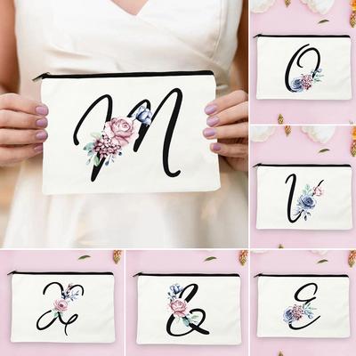 Bolsa de maquillaje con estampado de flores del alfabeto negro de la A a la Z para mujer, neceser de viaje, organizador de moda para mujer, bolsas de lona para compras de pintalabios