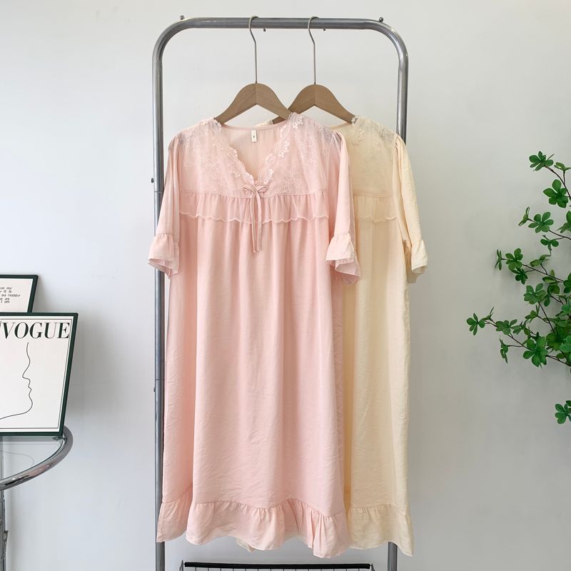 Nightdress Women's Summer Thin Tencel Cotton Nightdress Short Sleeve Cute Lace Large-Sized Skirt Real Silk Cotton Dress Fancy