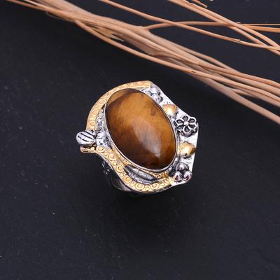 Natural Tiger Eye Gemstone 925 Sterling Silver Two Tone Gift Ring Size 8 t2Z82