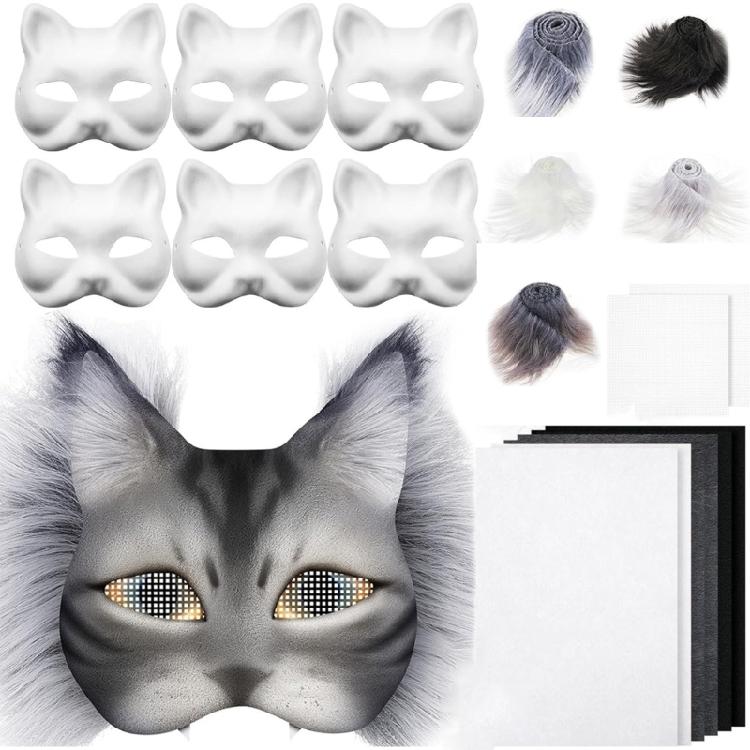 29/42Pieces Animal Cats Face Mask with Furry Trim Eye Mesh for Painting White Paper Mask Unpainted Masquerades Mask