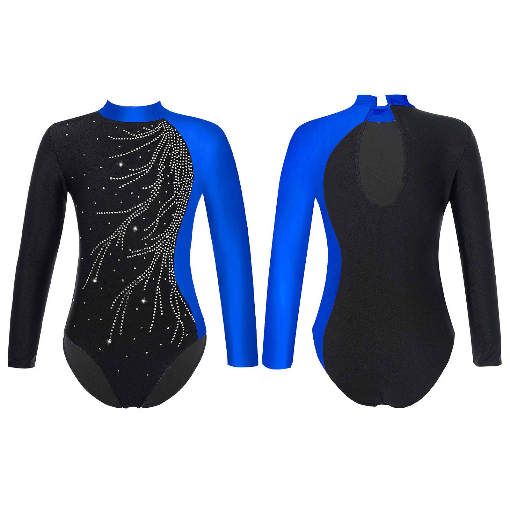 

Спортивный купальник с длинными рукавами для девочек, балета, танцев, гимнастики, детский костюм для катания на коньках с блестящими бриллиантами, танцевальная одежда 12-14 Years синий