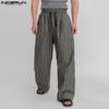 INCERUN Men Drawstring Casual Loose Elastic Waist Striped Wide Legs Pants Long Trousers