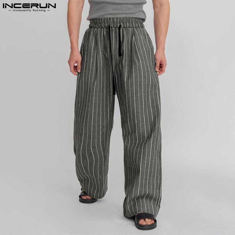 INCERUN Men Drawstring Casual Loose Elastic Waist Striped Wide Legs Pants Long Trousers