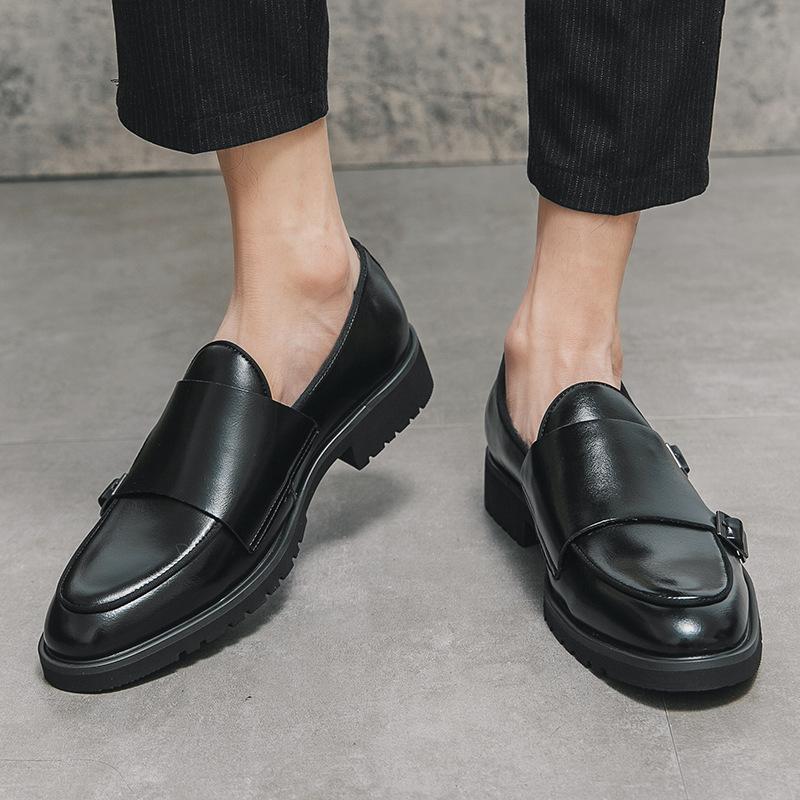 2025 Large Size Business Munk Shoes Men's Solid Color Platform Dress Leather Shoes Korean Version Office Loafers