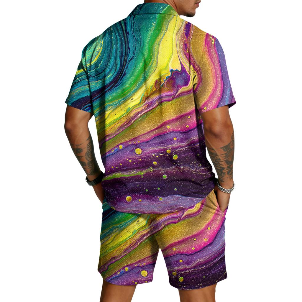 Men’s Short Sleeve Button Down Shirt and Shorts Set Abstract Swirl Print Lightweight Two Piece Outfit for Summer Beachwear