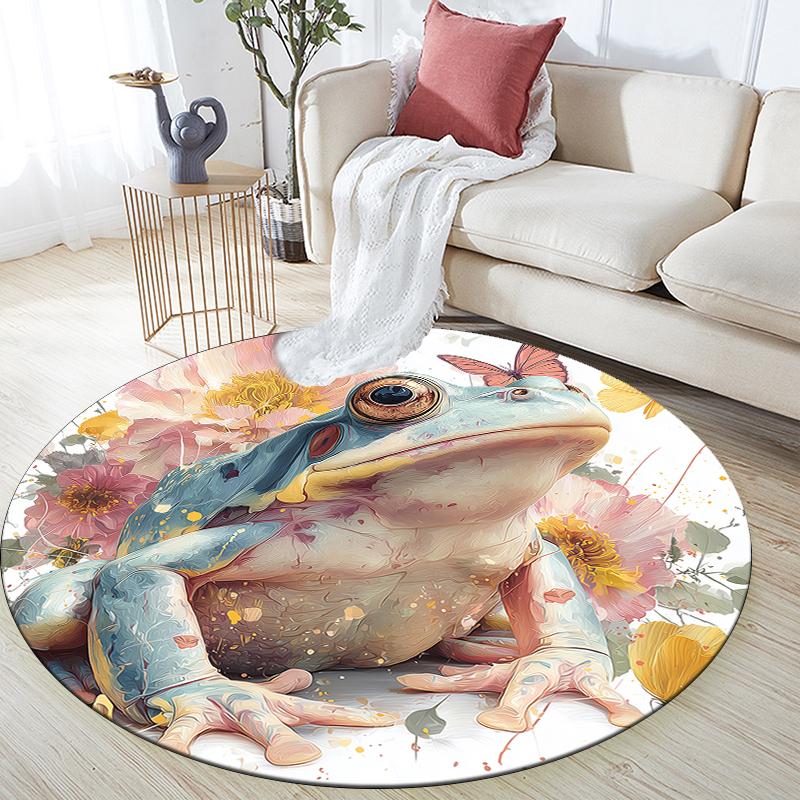 Frog and Fresh Flowers pattern round rug,Carpet Rug for Living Room Bedroom Sofa Playroom Decor,Non-slip Floor Mat,Holiday Gifts and Birthday Gifts