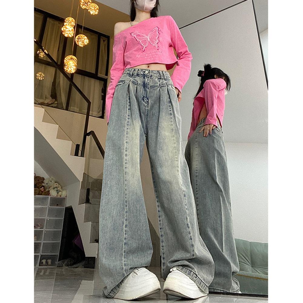 

Ленивый ветер дизайн чувство драпировка высокая талия джинсы женские весна и осень новый дизайн чувство швабра широкие джинсы 2XL